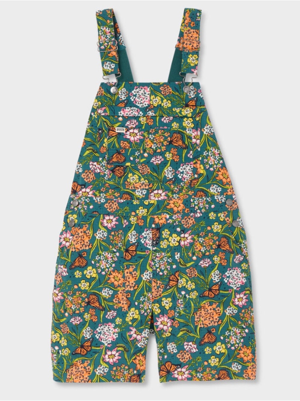 DULUTH Women's Heirloom Gardening 7" Short Overalls Midnight Green Monarchs XL